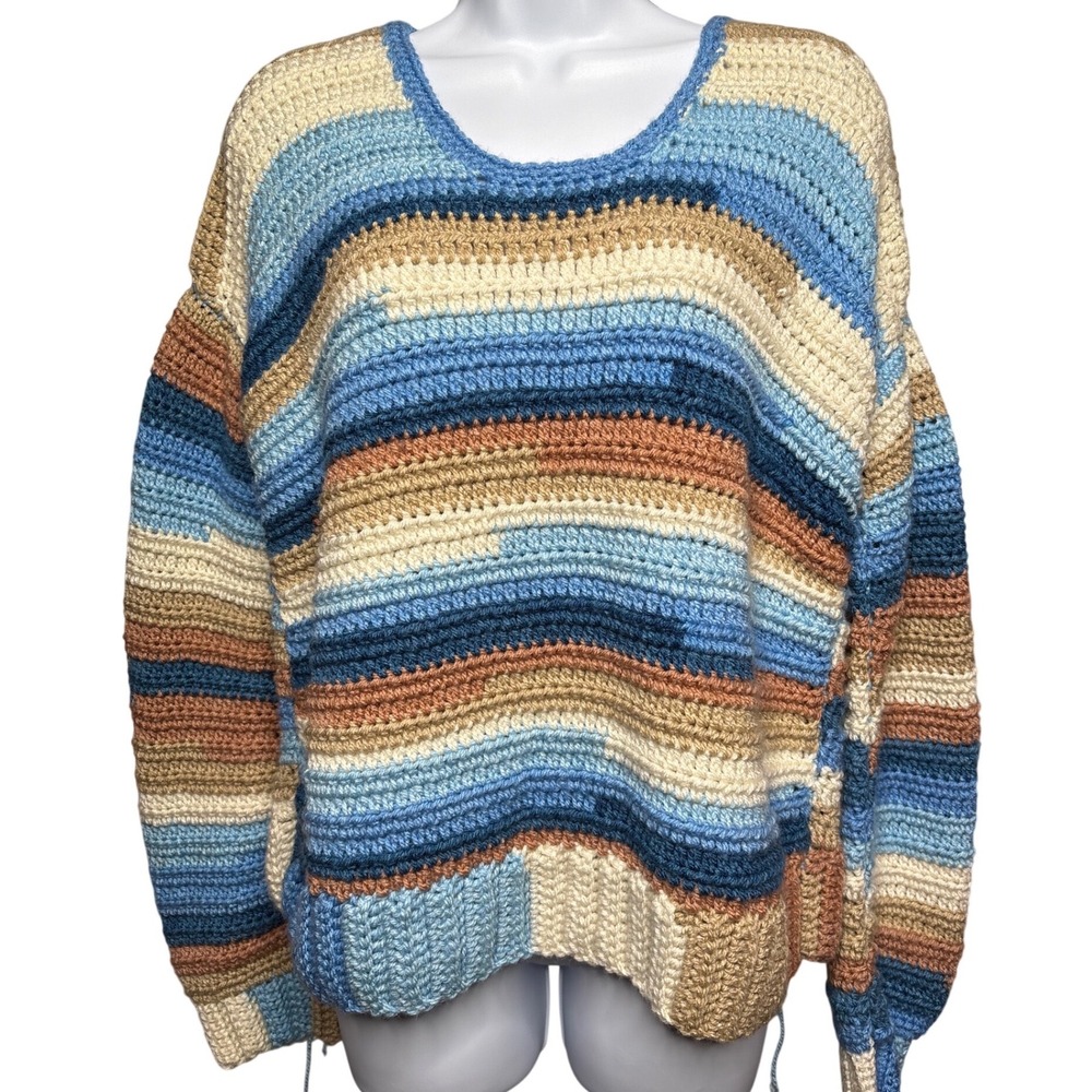 Handmade Womens Blue Tan Striped Crochet Chunky Sweater Est Sz L Grannycore Boho